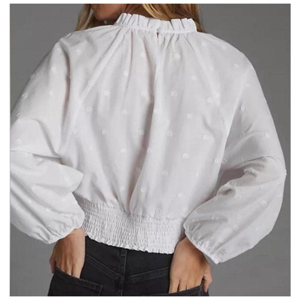 Maeve by Anthropologie White Textured Balloon Sleeve Blouse Size 0 Cropped - Picture 5 of 8